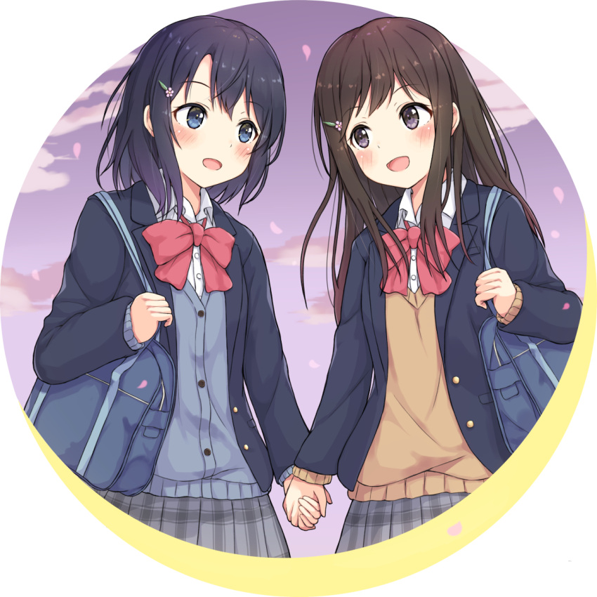 2girls adachi_sakura adachi_to_shimamura bag blazer blue_hair border bow brown_hair cherry_blossoms clouds commentary eye_contact hair_ornament hairclip highres holding_hands jacket kumakumatc light_blush long_hair looking_at_another multiple_girls open_mouth outdoors school_bag school_uniform shimamura_hougetsu skirt sky smile violet_eyes white_border yuri