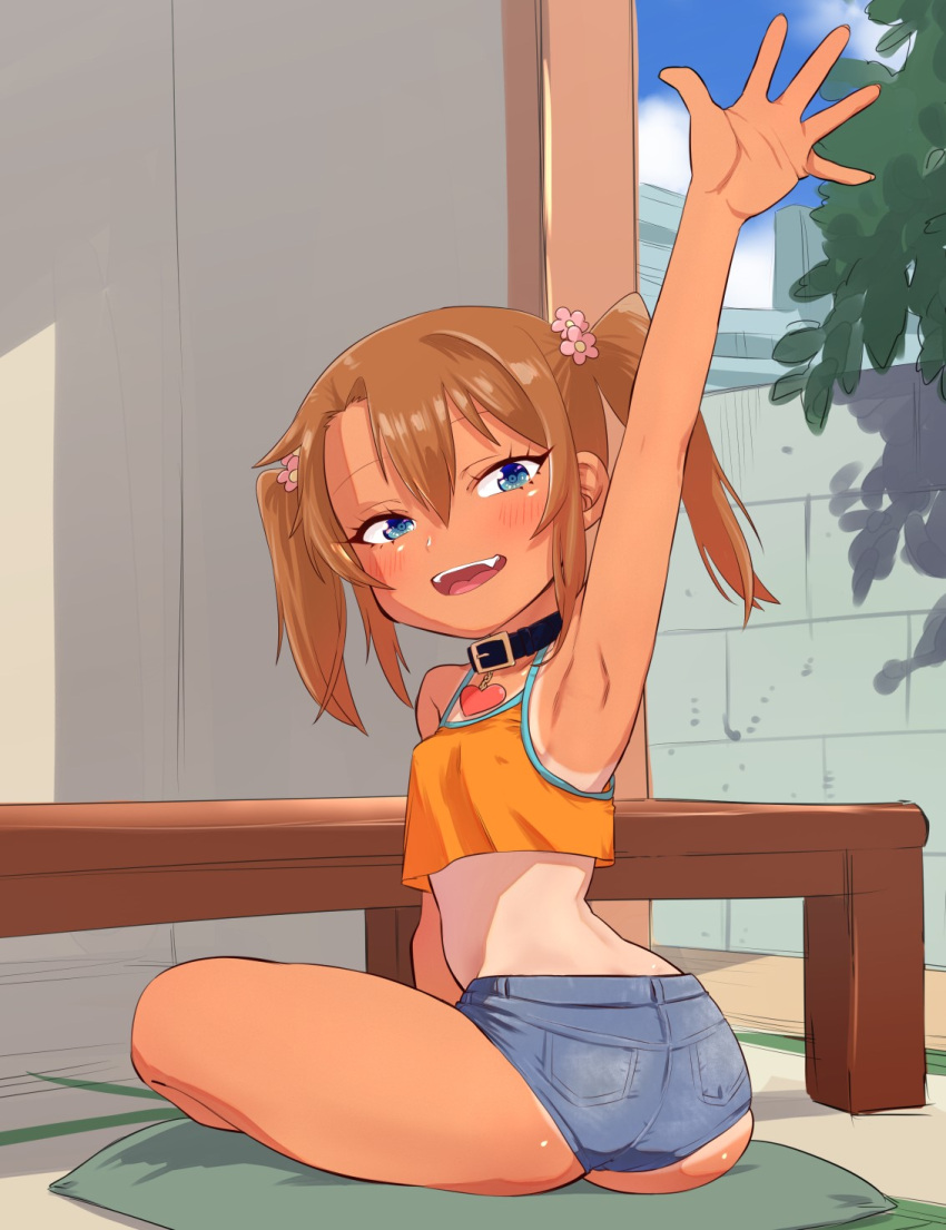 1girl :d ass blue_eyes blush breasts brown_hair coffee-milk-moumou collar covered_nipples dark_skin dark-skinned_female highres looking_at_viewer one-piece_tan open_mouth original shorts sitting smile solo table tan tank_top tanline teeth twintails yuma_(coffee-milk-moumou)