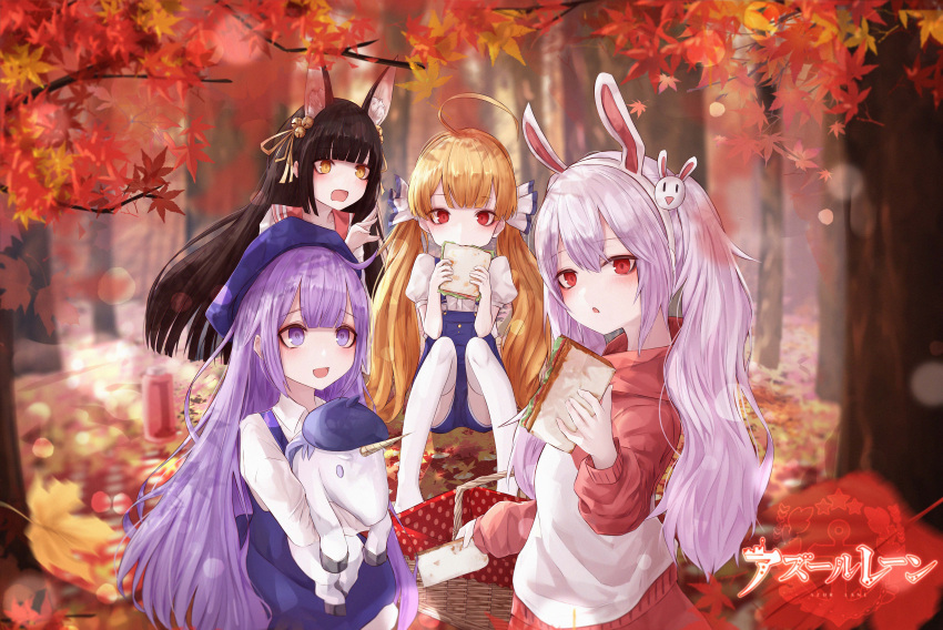 4girls absurdres ahoge animal_ear_fluff animal_ears autumn autumn_leaves azur_lane beret blonde_hair blue_headwear brown_hair eating eldridge_(azur_lane) fake_animal_ears food hat highres hiki_niito holding holding_food holding_toy laffey_(azur_lane) long_hair multiple_girls nagato_(azur_lane) open_mouth picnic_basket pink_hair purple_hair rabbit_ears red_eyes sandwich stuffed_unicorn sweater thigh-highs toy twintails unicorn_(azur_lane) violet_eyes white_legwear