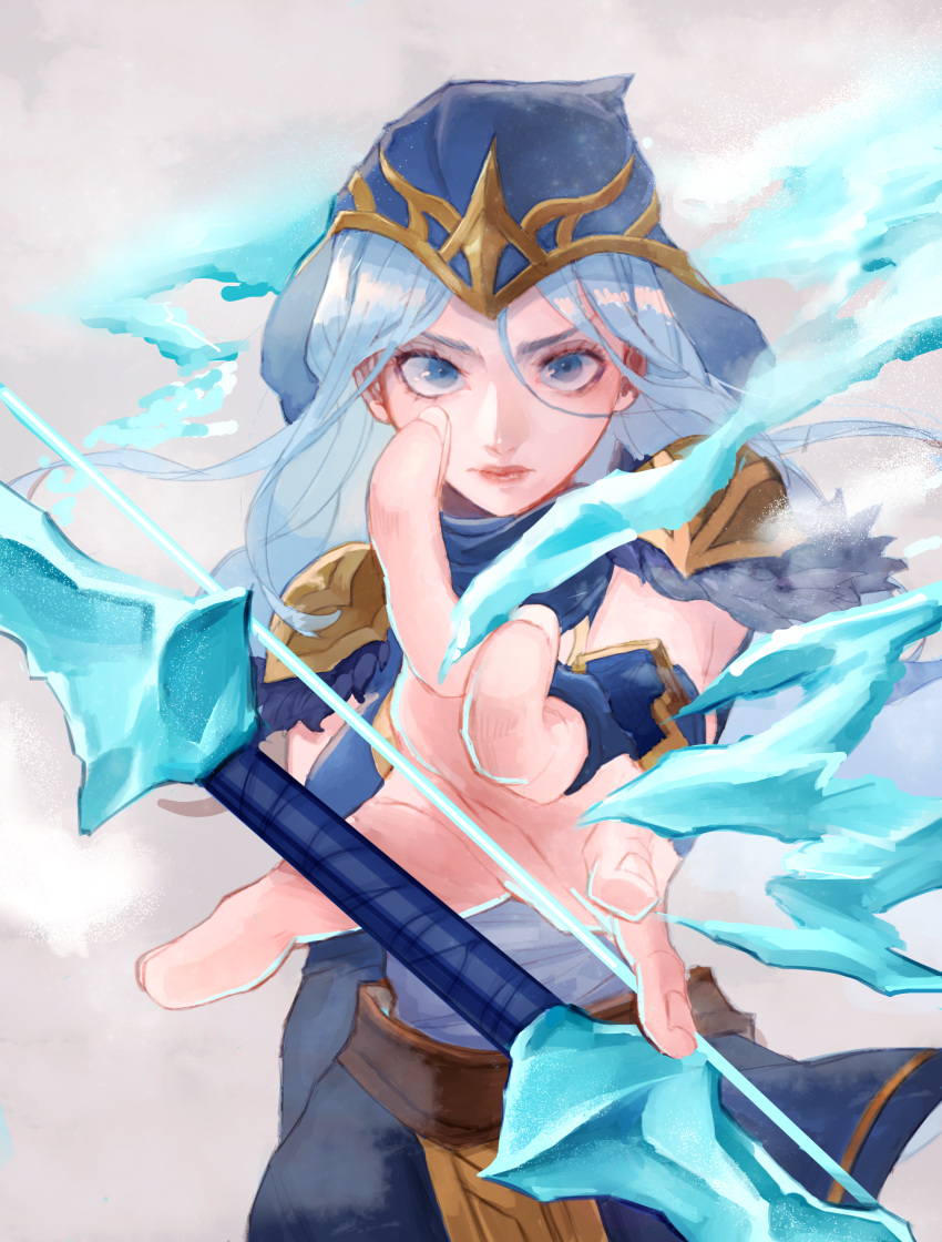 1girl absurdres armor ashe_(league_of_legends) blue_eyes blue_hair bow_(weapon) closed_eyes closed_mouth fingernails fog fur_trim hair_between_eyes highres hood hood_up ice league_of_legends light_blue_hair long_hair looking_at_viewer pauldrons shoulder_armor solo tarou_(natyou) weapon