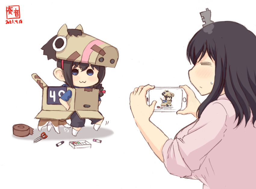 2girls :3 =_= alternate_costume artist_logo bangs black_hair black_pants blue_eyes braid brown_hair cardboard cellphone child closed_mouth commentary_request crayon dated dog hair_ornament holding holding_phone kanon_(kurogane_knights) kantai_collection multiple_girls one-hour_drawing_challenge pants phone pink_shirt puppy recording scissors shigure_(kancolle) shirt short_hair simple_background single_braid sleeves_rolled_up smartphone smile socks tape white_background white_legwear yamashiro_(kancolle) younger