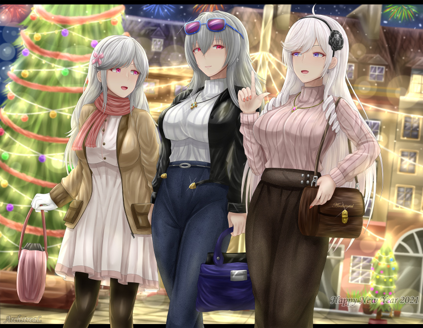 2021 3girls algerie_(azur_lane) archstreal artist_name azur_lane bag black_jacket black_legwear blue_eyes breasts brown_jacket brown_skirt christmas closed_mouth cross cross_earrings cross_necklace denim dress drill_locks dunkerque_(azur_lane) earrings eyebrows_visible_through_hair eyewear_on_head flower grey_hair hair_flower hair_ornament hairband hairclip happy_new_year highres holding holding_bag index_finger_raised jacket jeans jewelry large_breasts long_hair long_skirt looking_at_another looking_at_viewer medium_breasts multiple_girls nail_polish necklace new_year open_clothes open_jacket open_mouth pants pantyhose pink_nails pink_sweater red_scarf saint-louis_(azur_lane) scarf skirt standing sweater talking turtleneck turtleneck_sweater violet_eyes white_dress white_hair white_sweater