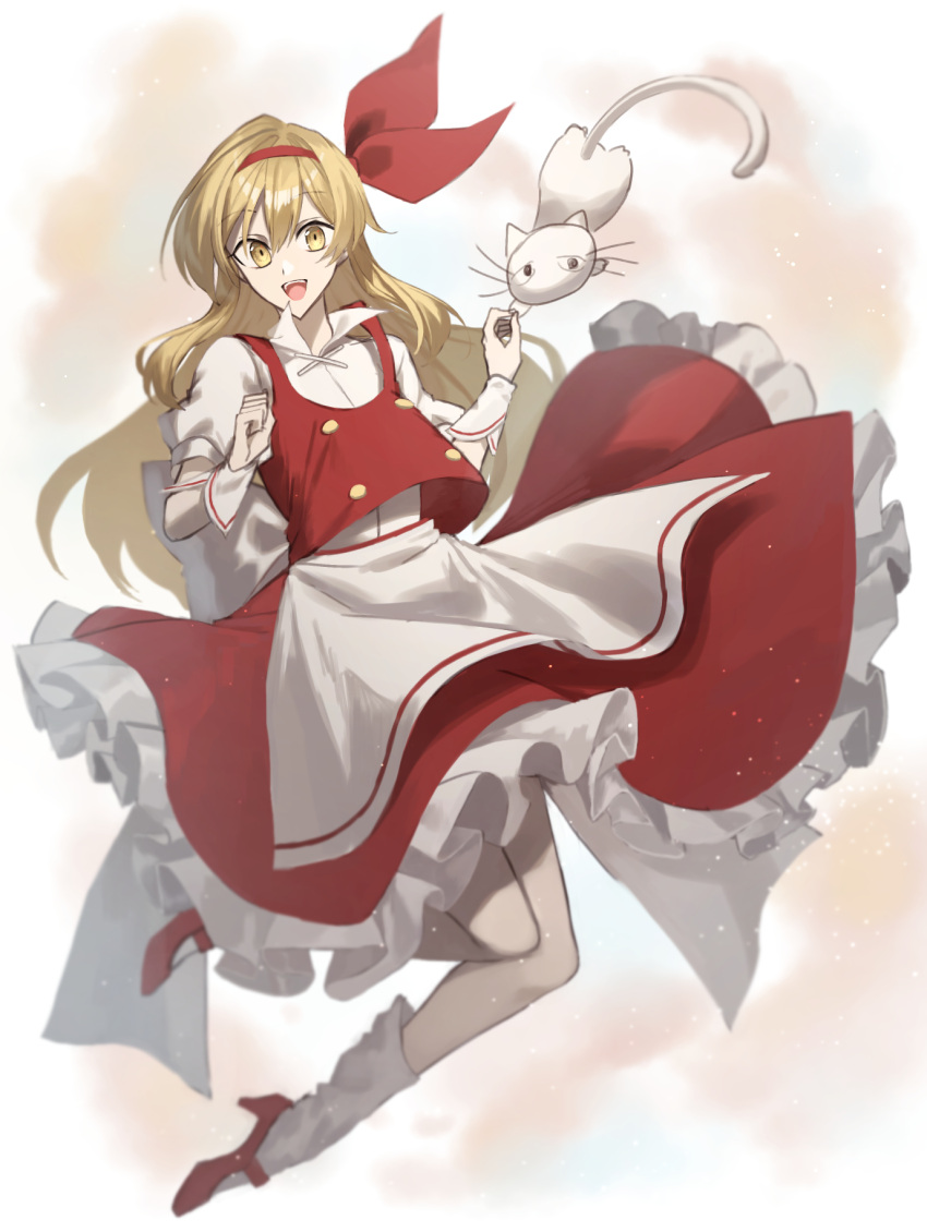 1girl apron blonde_hair bow buttons cat dress ellen_(touhou) frilled_skirt frills full_body hair_bow highres long_hair open_mouth otoshiro_kosame phantasmagoria_of_dim.dream red_bow red_footwear red_skirt red_vest shirt short_sleeves simple_background skirt sokrates_(touhou) touhou touhou_(pc-98) vest white_apron white_shirt yellow_eyes