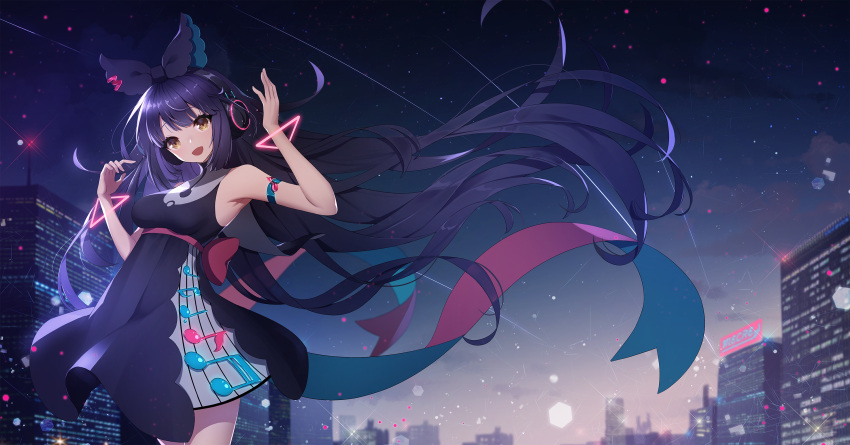 1girl :d ankkoyom arm_up bangs bare_shoulders beamed_sixteenth_notes black_dress black_hair black_ribbon breasts brown_eyes building commentary dress eighth_note eyebrows_visible_through_hair hair_ribbon hand_up headphones highres long_hair medium_breasts musical_note neon_trim night night_sky open_mouth original outdoors quarter_note ribbon sky sleeveless sleeveless_dress smile solo star_(sky) starry_sky very_long_hair