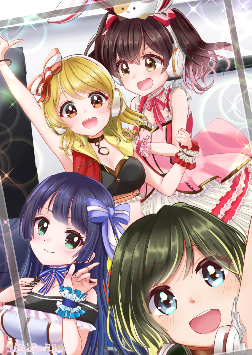 4girls aimoto_rinku akashi_maho animal_ears arm_up armpits artist_name bare_shoulders black_blouse black_hair blonde_hair blouse blue_blouse blue_bow blue_eyes blue_hair blurry blush bokeh bow braid brown_eyes brown_hair choker closed_mouth collared_jacket commentary_request crop_top crown_braid d4dj depth_of_field door dress eyebrows_visible_through_hair fake_animal_ears frilled_blouse frilled_cuffs frilled_straps gold_choker gold_trim green_eyes hair_bow happy headphones headphones_around_neck highres hime_cut index_finger_raised indoors jacket lens_flare looking_at_another looking_at_viewer midriff multicolored_blouse multicolored_hair multiple_girls multiple_hair_bows nari_(hoooooolic) neck_ribbon off_shoulder ohnaruto_muni on_head orange_eyes pink_dress pink_ribbon pointing pointing_up pose rabbit_ears red_bow red_jacket ribbon ribbon_choker round_teeth selfie short_hair sleeveless sleeveless_jacket spaghetti_strap sparkle star_(symbol) stomach straight_hair streaked_hair striped striped_bow studio stuffed_animal stuffed_cat stuffed_toy teeth togetsu_rei twintails twitter_username upper_body upper_teeth v-shaped_eyebrows white_blouse white_stripes wrist_cuffs