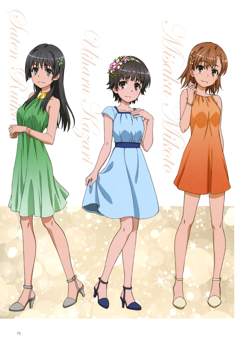 3girls :3 absurdres bangs blue_dress blue_footwear bracelet brown_eyes brown_hair character_name closed_mouth collarbone dress eyebrows_visible_through_hair flower green_dress grey_footwear hair_between_eyes hair_flower hair_ornament hairband high_heels highres jewelry long_hair looking_at_viewer misaka_mikoto multiple_girls official_art orange_dress page_number pink_flower pumps saten_ruiko shiny shiny_hair short_dress short_hair sleeveless sleeveless_dress smile solo standing sundress toaru_kagaku_no_railgun toaru_majutsu_no_index uiharu_kazari white_background white_footwear white_hairband