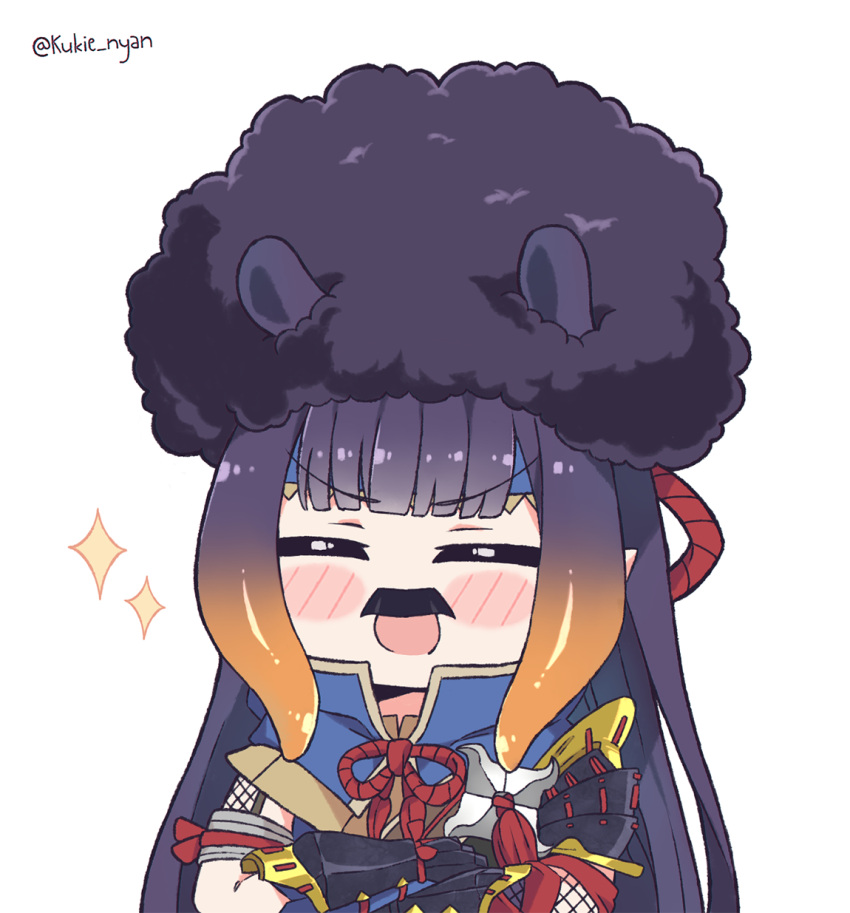 :d ^_^ afro armor bangs black_hair blunt_bangs blush_stickers closed_eyes commentary crossed_arms english_commentary eyebrows_visible_through_hair facial_hair gradient_hair highres hime_cut hololive hololive_english kamura_(armor) kukie-nyan long_hair monster_hunter_(series) monster_hunter_rise multicolored_hair mustache ninomae_ina'nis open_mouth orange_hair purple_hair sidelocks simple_background smile sparkle tentacle_hair twitter_username upper_body virtual_youtuber white_background