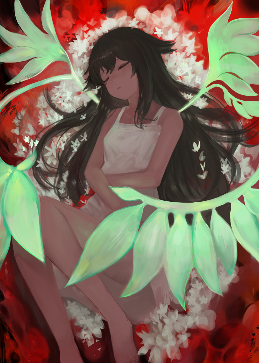 1girl abstract_background bare_arms bare_legs bare_shoulders black_hair breasts closed_eyes commentary crossed_arms dokomon dress english_commentary flower full_body green_wings hair_flaps highres long_hair red_background saya_(saya_no_uta) saya_no_uta small_breasts solo spaghetti_strap sundress very_long_hair white_dress white_flower wings