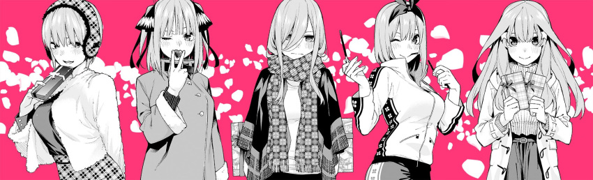 5girls bangs blush brown_hair buttons checkered checkered_scarf closed_mouth coat collar commentary_request fur_jacket go-toubun_no_hanayome greyscale hair_between_eyes hair_ornament hair_ribbon hairband haruba_negi highres holding jacket long_bangs long_hair looking_at_viewer medium_hair monochrome multiple_girls nakano_ichika nakano_itsuki nakano_miku nakano_nino nakano_yotsuba nose_blush one_eye_closed open_clothes open_coat open_jacket parted_lips partially_colored pink_background ribbon scarf shirt short_hair siblings simple_background sisters star_(symbol) star_hair_ornament upper_body valentine white_jacket