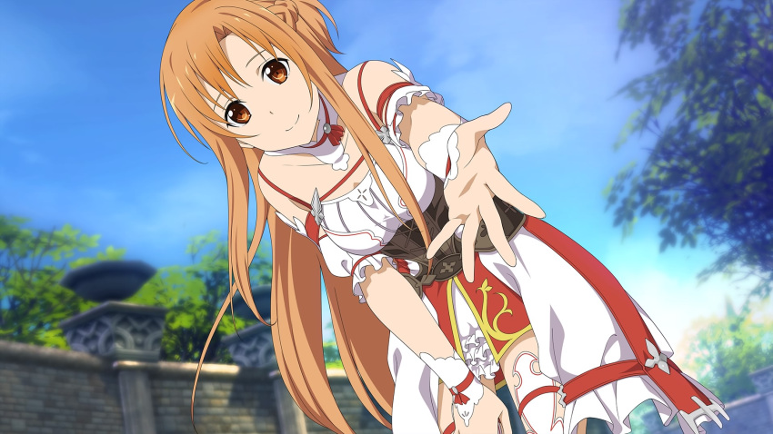 1girl arm_strap asuna_(sao) bangs bent_over blue_sky blurry blurry_background braid breasts brown_eyes brown_hair closed_mouth collarbone day detached_collar facing_viewer floating_hair french_braid from_below game_cg hair_between_eyes hand_on_lap highres layered_skirt long_hair looking_at_viewer medium_breasts miniskirt open_mouth outdoors pov reaching_out shiny shiny_hair skirt sky smile solo sword_art_online sword_art_online:_hollow_realization underbust very_long_hair white_skirt