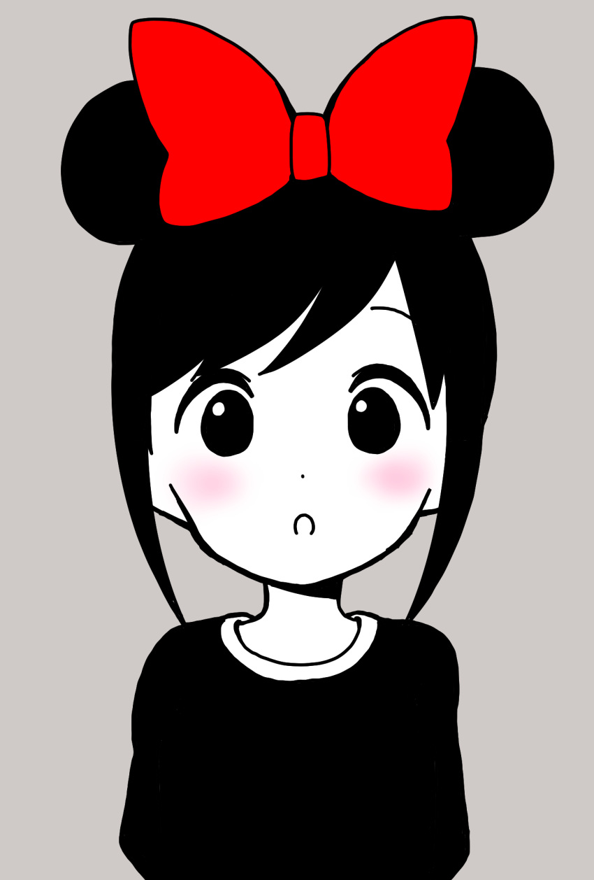 1girl :o alternate_hair_length alternate_hairstyle bangs blush bow casual commentary_request disney dot_nose double_bun grey_background hair_bow highres hitori_bocchi hitoribocchi_no_marumaru_seikatsu katsuwo_(cr66g) looking_at_viewer minnie_mouse minnie_mouse_ears red_bow shirt short_hair sidelocks simple_background solo spot_color tokyo_mx upper_body
