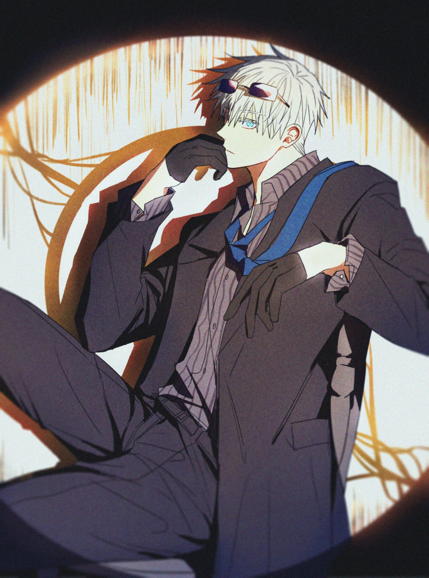 1boy absurdres bangs black_gloves black_jacket black_pants black_suit blue_eyes blue_neckwear chair closed_mouth collared_shirt cowboy_shot dmsco1803 dress_shirt eyewear_on_head formal gloves gojou_satoru hair_between_eyes half_gloves hand_to_own_mouth hand_up highres jacket jujutsu_kaisen long_sleeves looking_at_viewer male_focus necktie pants profile shirt sitting solo spotlight sunglasses white_hair