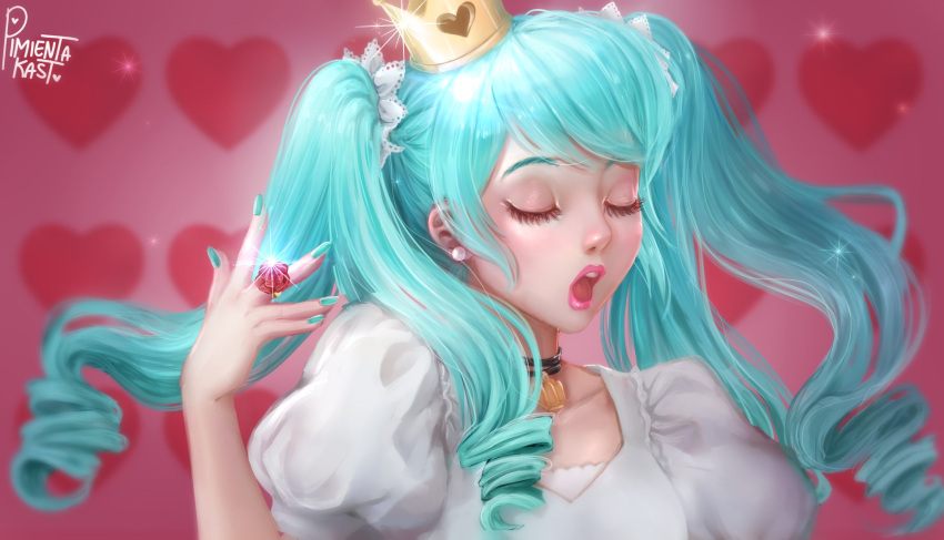 1girl aqua_hair aqua_nails artist_name blurry choker closed_eyes collarbone crown depth_of_field dress earrings eyelashes hair_ribbon hatsune_miku heart heart_background highres jewelry lace_ribbon lipstick makeup mini_crown nose open_mouth pearl_earrings pimienta_kast pink_background pink_lips puffy_short_sleeves puffy_sleeves realistic ribbon ring ringlets short_sleeves signature solo sparkle twintails vocaloid white_dress world_is_mine_(vocaloid)
