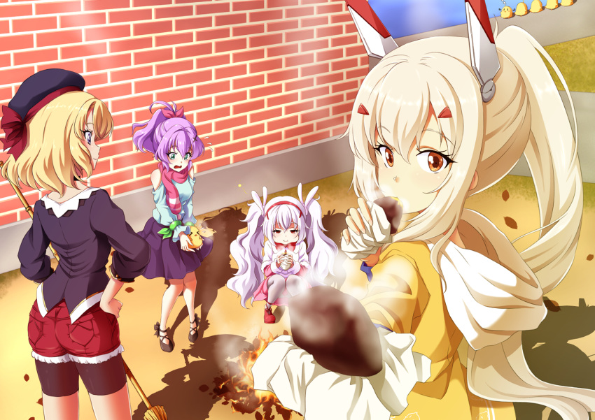 &gt;_&lt; 4girls animal_ears ass ayanami_(azur_lane) azur_lane black_footwear blonde_hair blue_sweater brick_wall casual clothing_cutout eating eyebrows_visible_through_hair fake_animal_ears fire food fur-trimmed_jacket fur_trim headgear high_ponytail highres holding holding_food jacket javelin_(azur_lane) laffey_(azur_lane) looking_at_viewer manjuu_(azur_lane) medium_hair multiple_girls pink_hair pink_scarf pink_skirt ponytail purple_hair purple_headwear purple_jacket purple_skirt rabbit_ears red_eyes red_shorts scarf shiruppo shorts shoulder_cutout skirt sweater sweet_potato twintails yakiimo z23_(azur_lane)