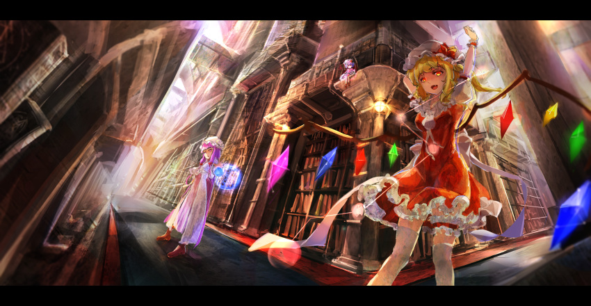 3girls :d blonde_hair book bookshelf boots brown_footwear carpet crescent crescent_hat_ornament dress fisheye flandre_scarlet frilled_dress frills from_below hat hat_ornament highres indoors letterboxed library long_hair looking_at_viewer magic mob_cap multiple_girls open_mouth patchouli_knowledge pink_dress pink_headwear purple_dress purple_hair qianyi_yuantu_sheng red_dress red_eyes remilia_scarlet scarlet_devil_mansion seiza sitting smile sunlight thigh-highs touhou very_long_hair voile white_headwear white_legwear wings