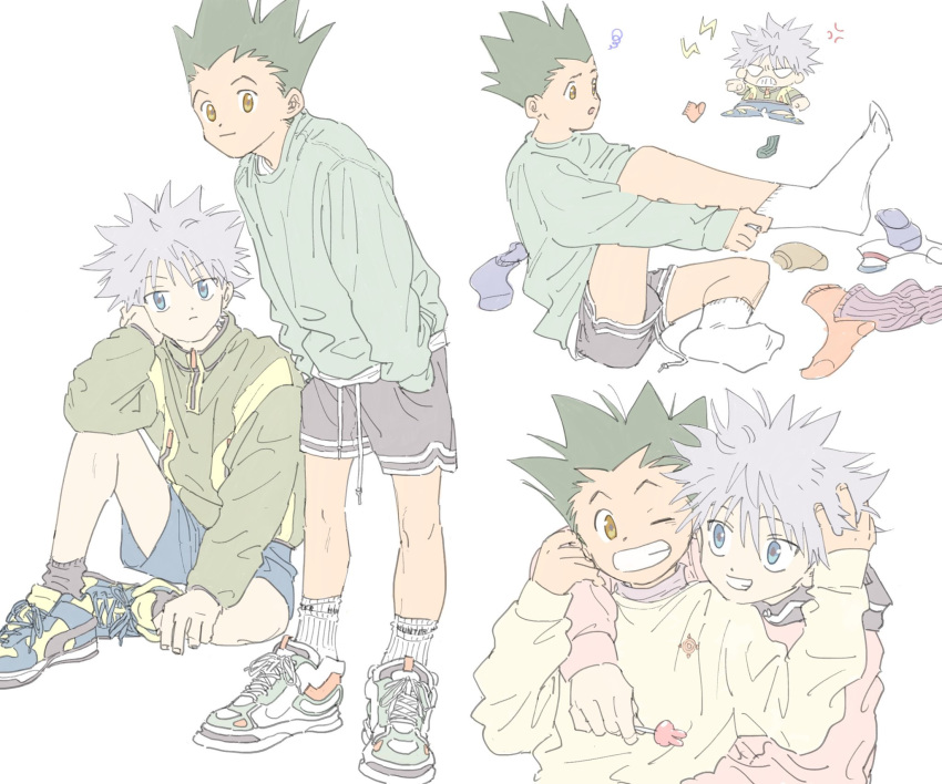 2boys alternate_costume anger_vein bangs black_hair black_shorts blue_eyes blue_shorts chibi closed_mouth dressing gon_freecss grey_hair grin hands_in_pockets highres hunter_x_hunter jacket killua_zoldyck long_sleeves male_focus multiple_boys multiple_views one_eye_closed shirt shoes shorts simple_background sitting smile sneakers socks spiky_hair squiggle standing toripippi_7 white_background white_legwear yellow_eyes