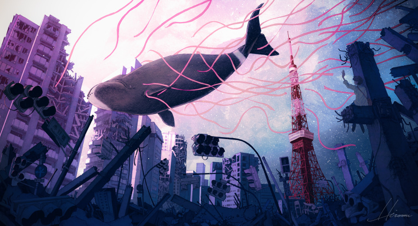 ambiguous_gender arm_up bag building from_behind highres hipy_(image_oubliees) long_sleeves original pink_ribbon ribbon ruins shirt shoulder_bag sitting sky solo star_(sky) starry_sky surreal tokyo_tower traffic_light whale white_shirt