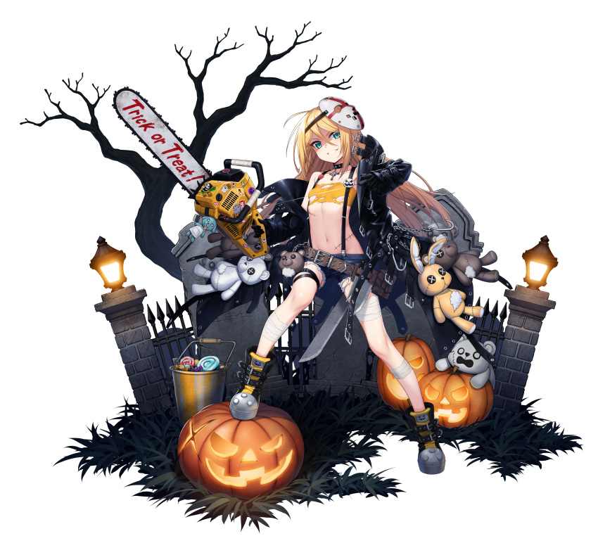 1girl absurdres bandaged_leg bandages black_gloves blonde_hair boots candy chainsaw collar counter_side cutoffs denim denim_shorts flat_chest food gloves green_eyes grin hair_between_eyes highres hockey_mask huge_filesize jack-o'-lantern jacket long_hair mask mask_on_head midriff navel off_shoulder official_art open_clothes open_jacket shaded_face short_shorts shorts simple_background smile solo standing strapless stuffed_animal stuffed_toy teddy_bear torn_clothes transparent_background tubetop