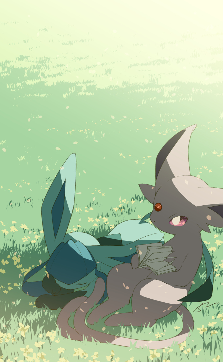 closed_eyes commentary_request day espeon flower gen_2_pokemon gen_4_pokemon glaceon grass highres hime_takeo holding lying no_humans on_stomach outdoors pokemon pokemon_(creature) sleeping violet_eyes yellow_flower