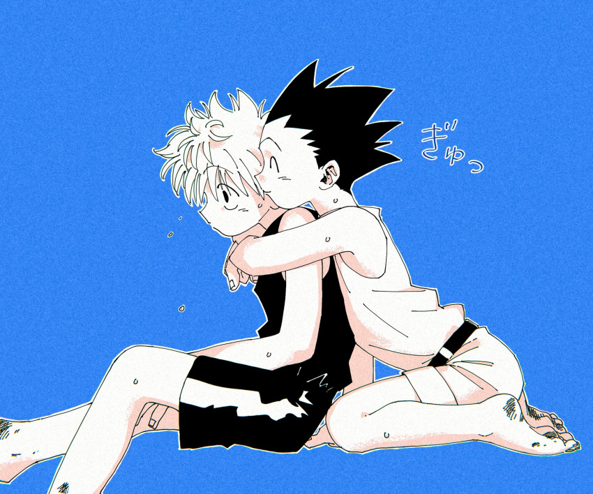 2boys ^_^ bangs barefoot blue_background closed_eyes closed_mouth dirty gon_freecss greyscale highres hug hug_from_behind hunter_x_hunter killua_zoldyck male_focus monochrome multiple_boys shorts simple_background sitting smile spiky_hair tank_top toripippi_7
