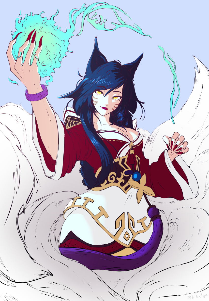 1girl absurdres ahri animal_ear_fluff animal_ears blue_hair bracelet closed_mouth eyebrows_visible_through_hair facial_mark fingernails fire flame fox_ears fox_tail hair_between_eyes highres hitodama jewelry kitsune league_of_legends long_fingernails long_hair long_sleeves multiple_tails red_lips red_nails sharp_fingernails smile solo tail talos198 very_long_fingernails whisker_markings wide_sleeves yellow_eyes