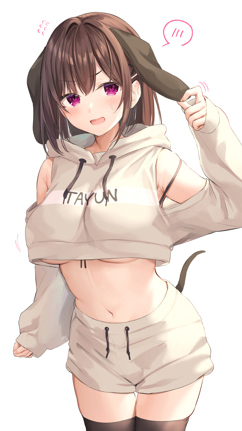 1girl :d animal_ears armpit_peek armpits bare_shoulders black_legwear breasts brown_hair clothing_cutout cowboy_shot crop_top crop_top_overhang drawstring fake_animal_ears floppy_ears front-tie_top hand_up highres hood hood_down hoodie large_breasts looking_at_viewer medium_hair midriff motion_lines navel open_mouth original ramchi short_shorts shorts shoulder_cutout simple_background smile solo spoken_blush standing stomach sweatdrop thigh-highs thigh_gap thighs under_boob v-shaped_eyebrows violet_eyes white_background white_hoodie white_shorts