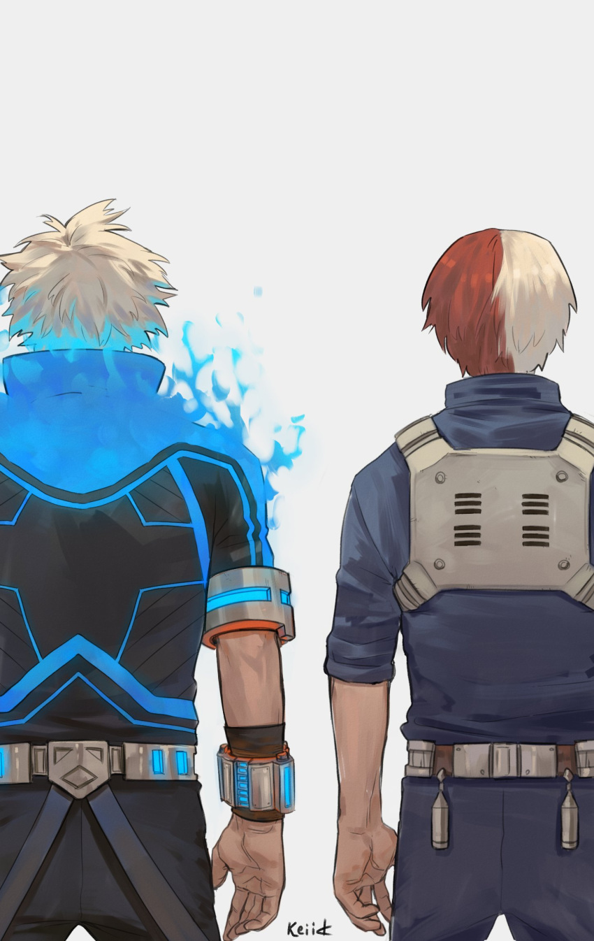 2boys alternate_costume artist_name blue_fire blue_jacket blue_pants boku_no_hero_academia brothers commentary english_commentary facing_away fire from_behind highres jacket keiid male_focus multicolored_hair multiple_boys neon_trim older pants redhead short_hair siblings simple_background spoilers standing todoroki_shouto todoroki_touya two-tone_hair what_if white_background white_hair