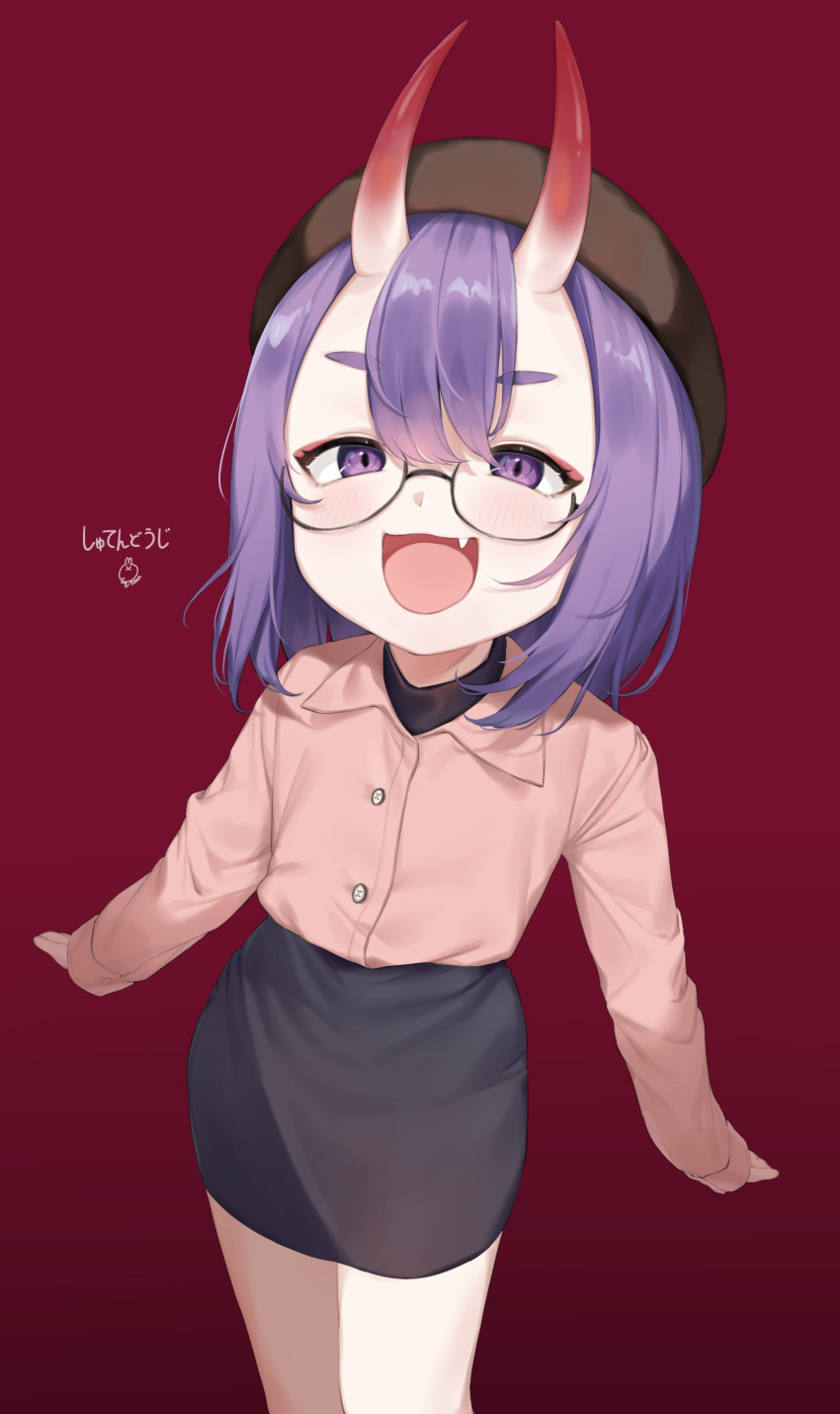 1girl :d absurdres bangs beret blush bob_cut buttons collared_shirt eyeliner fang fate/grand_order fate_(series) glasses hat highres horns looking_at_viewer makeup miniskirt office_lady oni oni_horns open_mouth purple_hair shirt short_eyebrows short_hair shuten_douji_(fate) signature skin-covered_horns skirt smile solo useq1067 violet_eyes
