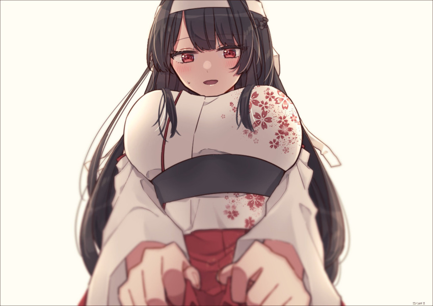 1girl black_hair blush breasts detached_sleeves epaulettes eyebrows eyebrows_visible_through_hair floral_print from_below fusou_(kancolle) hair_ornament headband headgear highres japanese_clothes kantai_collection large_breasts long_hair looking_at_another looking_down no nontraditional_miko open_mouth red_eyes remodel_(kantai_collection) saitu_miki simple_background smile
