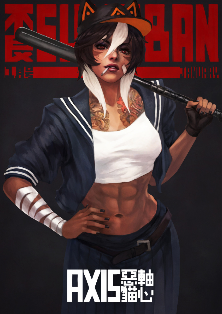 1girl abs absurdres bandaged_arm bandages bandaid bandaid_on_face baseball_bat baseball_cap belt black_hair black_nails breasts chain character_name cigarette commentary dark_skin dark-skinned_female delinquent english_commentary facial_mark fingerless_gloves freckles gloves hair_between_eyes hand_on_hip hat hat_with_ears highres jacket lips midriff monori_rogue mouth_hold multicolored_hair nail_polish navel open_clothes original pants red_eyes reward_available school_uniform shirt short_hair short_sleeves single_glove solo stomach sukeban tattoo toned translation_request weapon white_hair white_shirt