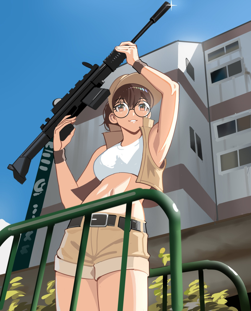 1girl absurdres assault_rifle bangs baseball_cap belt black_belt breasts brown_hair brown_headwear brown_shorts brown_vest crop_top daniaeru eyebrows_visible_through_hair fence fio_germi gun hat highres holding holding_gun holding_weapon medium_breasts metal_slug midriff navel parted_lips photo-referenced rifle short_shorts shorts sky smile solo vest weapon