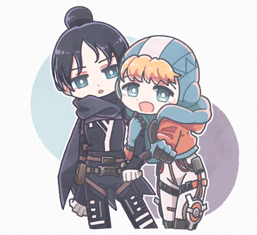 2girls apex_legends bangs black_bodysuit black_scarf blonde_hair blue_eyes blue_gloves blue_headwear bodysuit bright_pupils cfcult7825 gloves hair_bun head_tilt highres hood hooded_jacket jacket looking_at_viewer multiple_girls open_mouth orange_jacket pointing pointing_at_viewer scarf wattson_(apex_legends) white_bodysuit white_pupils wraith_(apex_legends)