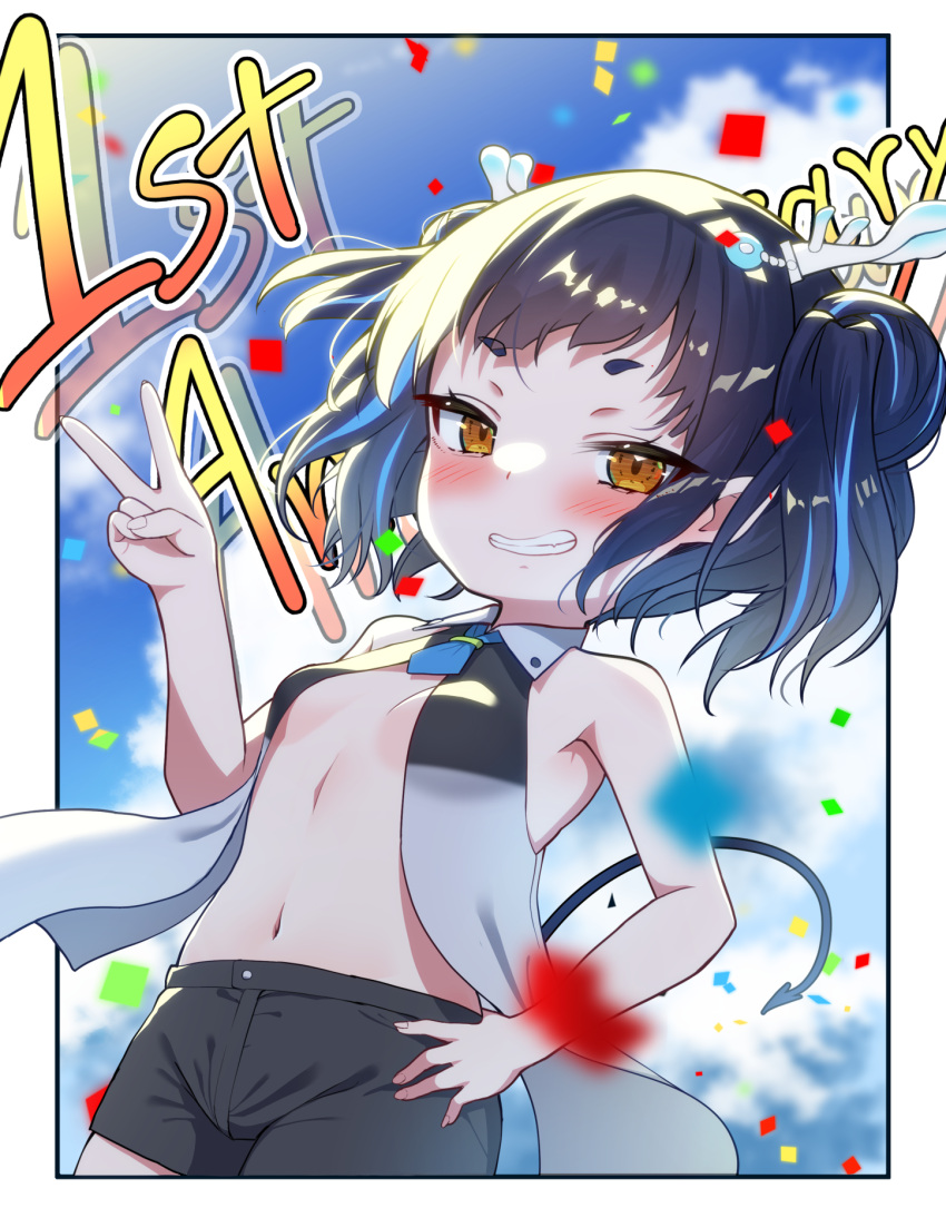 1girl anniversary bangs bare_arms bare_shoulders black_hair black_shorts blue_hair blue_sky blush breasts brown_eyes clouds cloudy_sky collared_shirt commentary_request confetti cottage_project day demon_tail eyebrows_visible_through_hair grin hair_ornament hand_on_hip highres looking_at_viewer mashika_tsuno multicolored_hair navel outdoors shirt short_eyebrows short_shorts shorts sky sleeveless sleeveless_shirt small_breasts smile solo streaked_hair tail templus thick_eyebrows two_side_up virtual_youtuber white_shirt