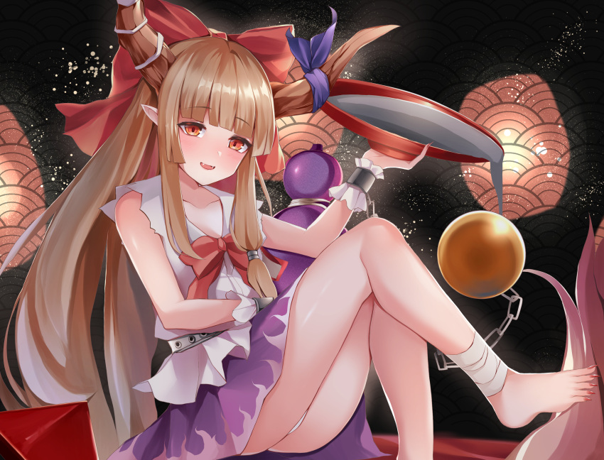 1girl :d absurdres alcohol ass bandaged_leg bandages bangs bare_shoulders barefoot blunt_bangs blush bow bowtie chain collarbone cuffs cup dark_background eyebrows_visible_through_hair fang flat_chest foot_out_of_frame gourd hair_bow highres holding holding_cup horn_ornament horn_ribbon horns ibuki_suika knees_up koizumo light_brown_hair long_hair looking_at_viewer nail_polish oni_horns open_mouth orange_eyes panties pointy_ears purple_ribbon purple_skirt red_bow red_nails red_neckwear ribbon sakazuki shackles sharp_toenails shirt simple_background sitting skirt smile solo spilling thighs toenails toes torn_clothes torn_sleeves touhou underwear upskirt very_long_hair white_panties white_shirt