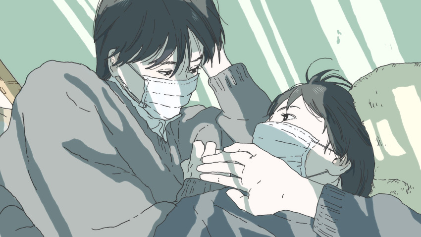 2boys ahoge black_eyes black_hair brown_sweater collared_shirt dutch_angle eye_contact highres indoors looking_at_another lying male_focus mask mgm_f5 mouth_mask multiple_boys on_back on_side original shadow shirt short_hair surgical_mask sweater white_shirt