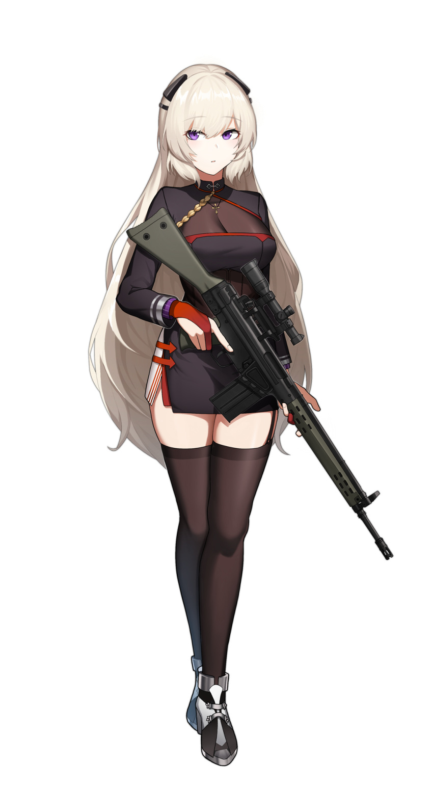1girl bangs battle_rifle black_dress black_legwear blonde_hair breasts cero_(last2stage) dress eyebrows_visible_through_hair full_body g3_(girls_frontline) girls_frontline gloves gun h&amp;k_g3 highres large_breasts long_hair long_sleeves looking_at_viewer mod3_(girls_frontline) parted_lips red_gloves rifle simple_background solo standing thigh-highs thighs violet_eyes weapon white_background