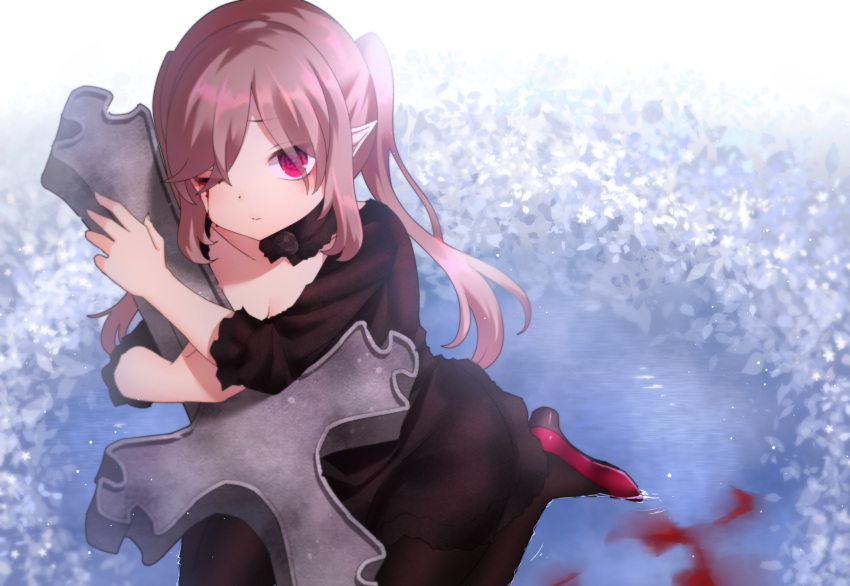 1girl black_dress blood bloody_tears collarbone colored_sclera cross dress hair_over_one_eye highres long_hair looking_at_viewer neit_ni_sei object_hug one_eye_closed original pantyhose pink_hair pointy_ears red_eyes red_sclera solo symbol-shaped_pupils twintails