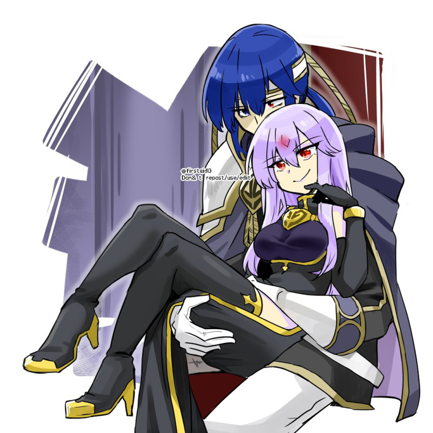 1boy 1girl alternate_costume bare_shoulders black_gloves black_jacket black_legwear blue_eyes blue_hair boots brother_and_sister cape carrying carrying_against_hip chair corruption crossed_legs crystal dark_persona elbow_gloves evil_smile fire_emblem fire_emblem:_genealogy_of_the_holy_war forehead_jewel gloves hand_on_own_face heterochromia high_heel_boots high_heels jacket julia_(fire_emblem) lipstick long_hair loptous_(fire_emblem) makeup possessed purple_hair red_eyes seliph_(fire_emblem) siblings sitting smile thigh-highs thigh_boots thighs watermark white_background white_gloves yukia_(firstaid0)