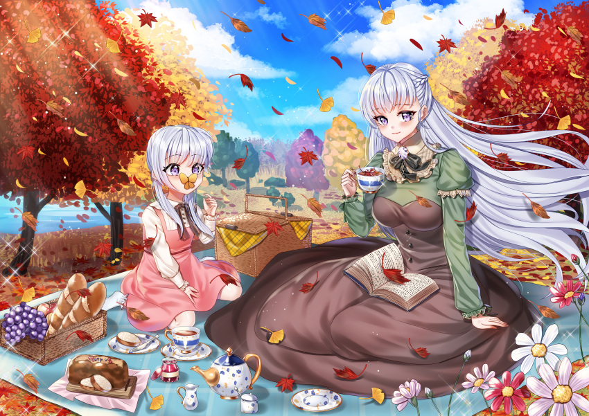 2girls absurdres alternate_costume autumn autumn_leaves azur_lane belfast_(azur_lane) blue_sky book braid bread breasts brown_dress bud_(znehgneh2) bug butterfly butterfly_on_nose clouds cup dress eyebrows_visible_through_hair flower food highres huge_filesize insect juliet_sleeves large_breasts leaf little_bel_(azur_lane) long_hair long_sleeves looking_at_viewer maple_leaf multiple_girls open_book outdoors picnic picnic_basket pink_dress pink_flower puffy_sleeves purple_hair red_flower shirt sky tea teacup teapot tree violet_eyes white_shirt