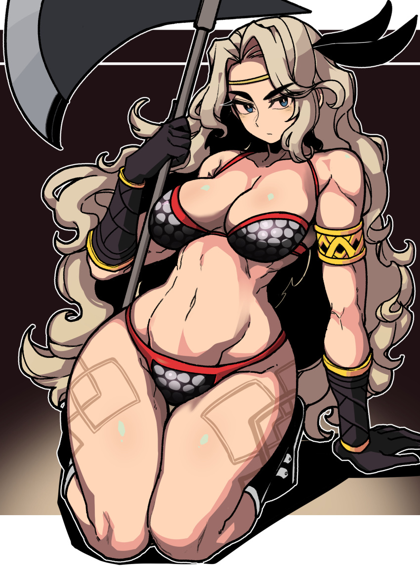 1girl abs absurdres amazon amazon_(dragon's_crown) armlet armor axe bikini bikini_armor black_feathers black_footwear black_gloves blue_eyes boots dragon's_crown eyebrows feathers gloves hair_feathers highres kneeling looking_at_viewer masgamjya silver_bikini swimsuit tattoo thick_eyebrows thick_thighs thigh_tattoo thighs weapon