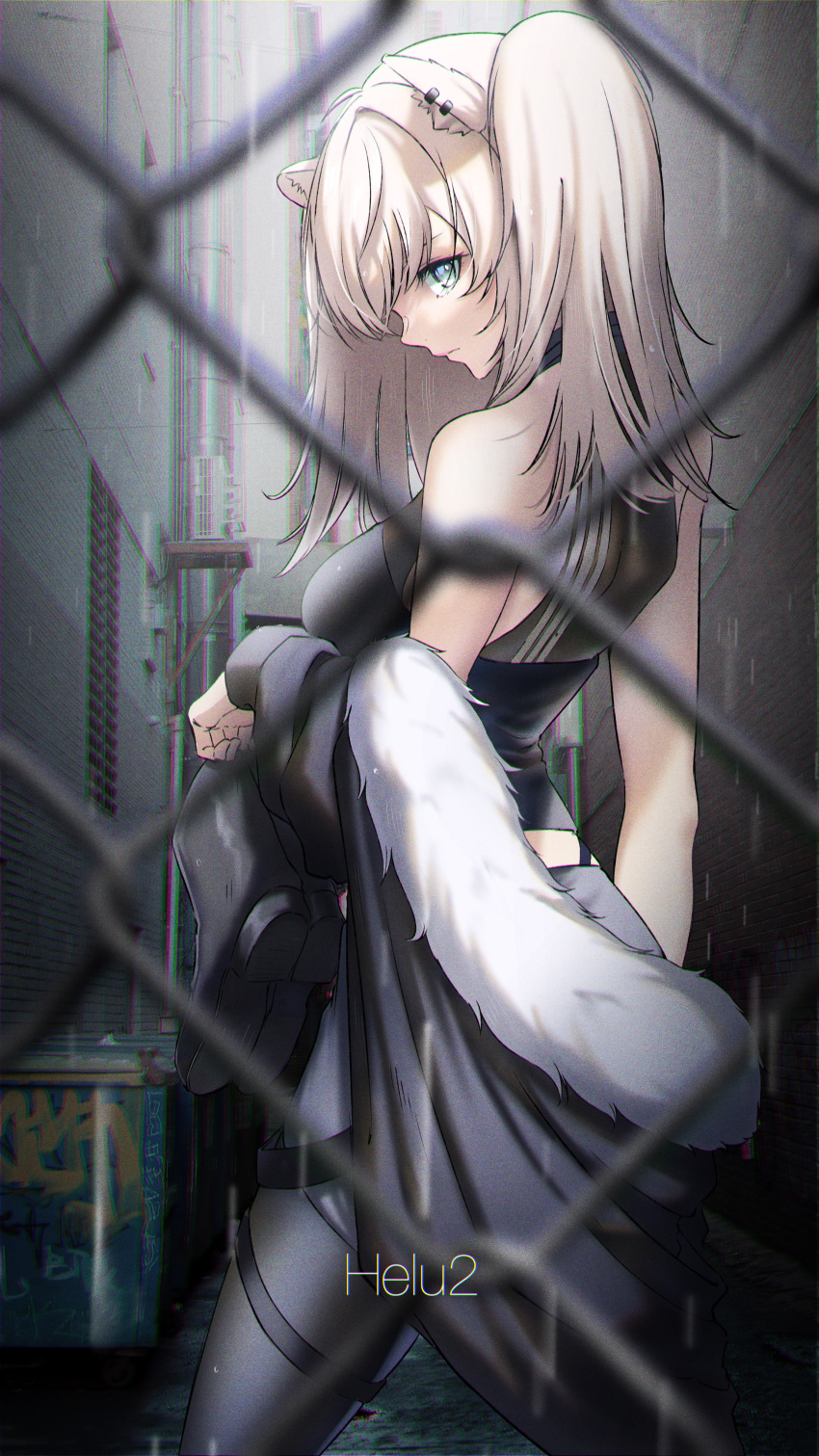 1girl absurdres ahoge animal_ears artist_name bangs bare_shoulders black_jacket black_shirt breasts building chain-link_fence cropped_shirt ear_piercing english_commentary fence from_behind fur-trimmed_jacket fur_trim grey_eyes grey_hair grey_skirt highres hololive hz_(helu_2) jacket large_breasts lion_ears lion_girl midriff off_shoulder piercing shirt shishiro_botan skirt sleeveless sleeveless_shirt solo standing two_side_up virtual_youtuber