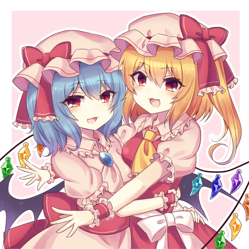 2girls :3 :d absurdres ascot bangs bat_wings blonde_hair blue_hair border bow brooch cowboy_shot crystal eyebrows_visible_through_hair flandre_scarlet hat hat_bow highres hug jewelry looking_at_viewer medium_hair mob_cap multiple_girls open_mouth pink_background pink_headwear pink_shirt pink_skirt puffy_short_sleeves puffy_sleeves red_bow red_eyes red_skirt red_vest remilia_scarlet shirt short_hair short_sleeves side_ponytail simple_background skirt smile standing subaru_(subachoco) touhou vest white_border white_bow wings yellow_neckwear