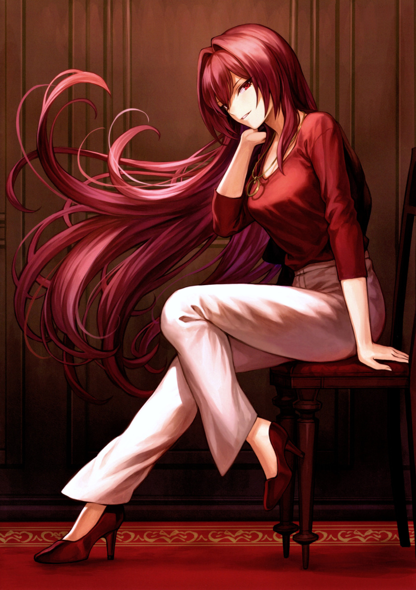 1girl absurdres bangs chair fate/grand_order fate_(series) full_body high_heels highres jewelry long_hair long_sleeves looking_at_viewer mashuu_(neko_no_oyashiro) necklace pants scan scathach_(fate) scathach_(fate)_(all) simple_background sitting smile solo