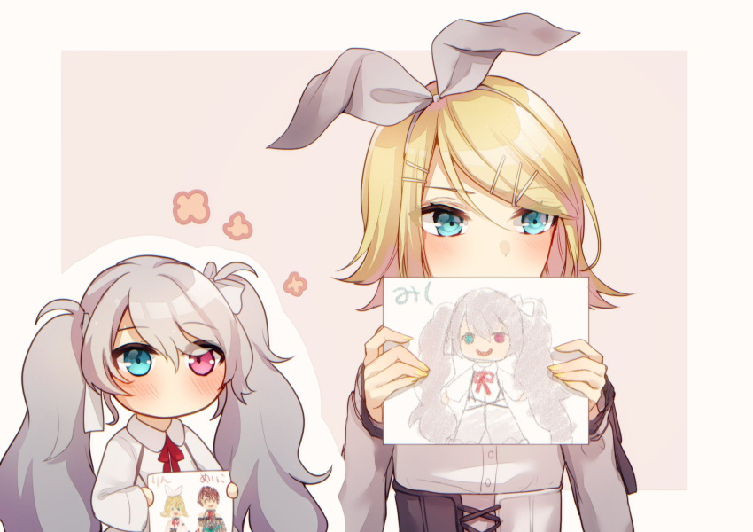 2girls aqua_eyes aryuma772 bangs blonde_hair bow character_name commentary flower grey_bow grey_hair hair_bow hair_ornament hairclip hatsune_miku heterochromia highres holding holding_drawing holding_paper kagamine_rin long_hair meiko multiple_girls no_mouth paper pink_eyes project_sekai shirt short_hair smile swept_bangs twintails upper_body very_long_hair vocaloid white_bow white_shirt