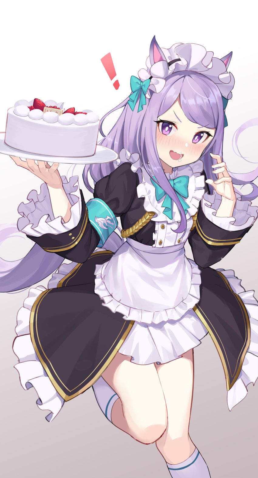 ! 1girl :d absurdres alternate_costume animal_ears apron aqua_bow aqua_neckwear bangs black_jacket blush bow bowtie cake commentary cowboy_shot cream cream_on_face enmaided eyebrows_visible_through_hair food food_on_face frilled_jacket frilled_shirt_collar frilled_sleeves frills fruit hands_up highres holding holding_plate horse_ears horse_girl horse_tail jacket kneehighs light_purple_hair long_hair long_sleeves looking_at_viewer maid maid_headdress mejiro_mcqueen_(umamusume) miniskirt ohihil open_mouth plate skirt smile solo standing standing_on_one_leg strawberry swept_bangs tail two-tone_background umamusume violet_eyes waist_apron white_apron white_legwear white_skirt wide_sleeves
