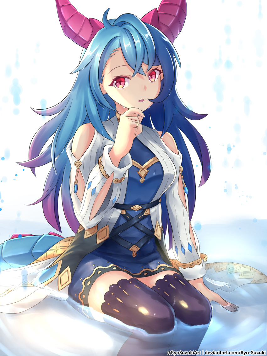 absurdres bare_shoulders blue_dress blue_hair blue_tail breasts dragalia_lost dragon_girl dress hand_on_own_face highres horns jewelry long_hair long_sleeves mercury_(dragalia_lost) multicolored_hair open_mouth purple_horns red_eyes ring ryo-suzuki sitting tail thigh-highs water watermark white_background