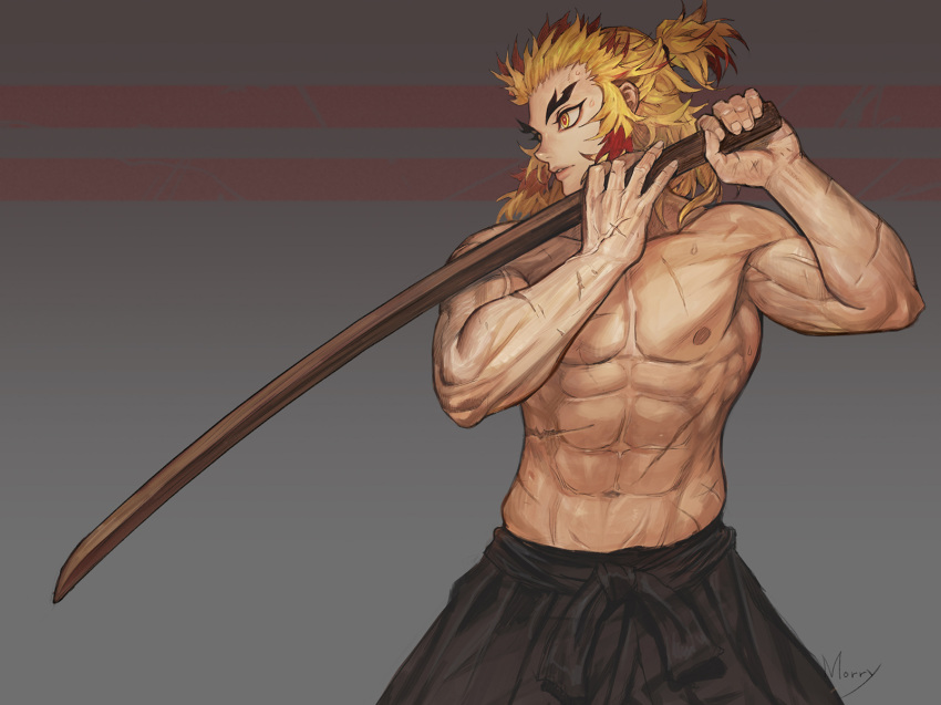1boy abs artist_name black_pants blonde_hair forked_eyebrows grey_background highres holding holding_sword holding_weapon kimetsu_no_yaiba long_hair male_focus morry multicolored_hair muscular muscular_male nipples pants parted_lips ponytail redhead rengoku_kyoujurou scar scar_on_chest shirtless simple_background solo sweat sword thick_eyebrows veins weapon wooden_sword yellow_eyes