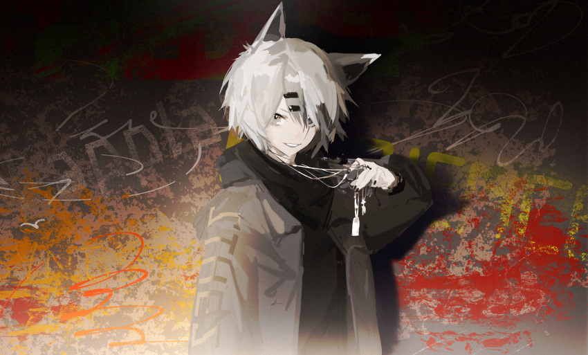 1girl absurdres animal_ears aonogura arknights black_nails black_shirt breasts clothes_writing commentary_request graffiti grey_hair grey_jacket grin hair_ornament hairclip highres holding holding_jewelry holding_necklace huge_filesize jacket jewelry lappland_(ambience_synesthesia)_(arknights) lappland_(arknights) looking_at_viewer necklace open_clothes open_jacket scar scar_across_eye shirt short_hair smile solo upper_body white_eyes wolf_ears wolf_girl