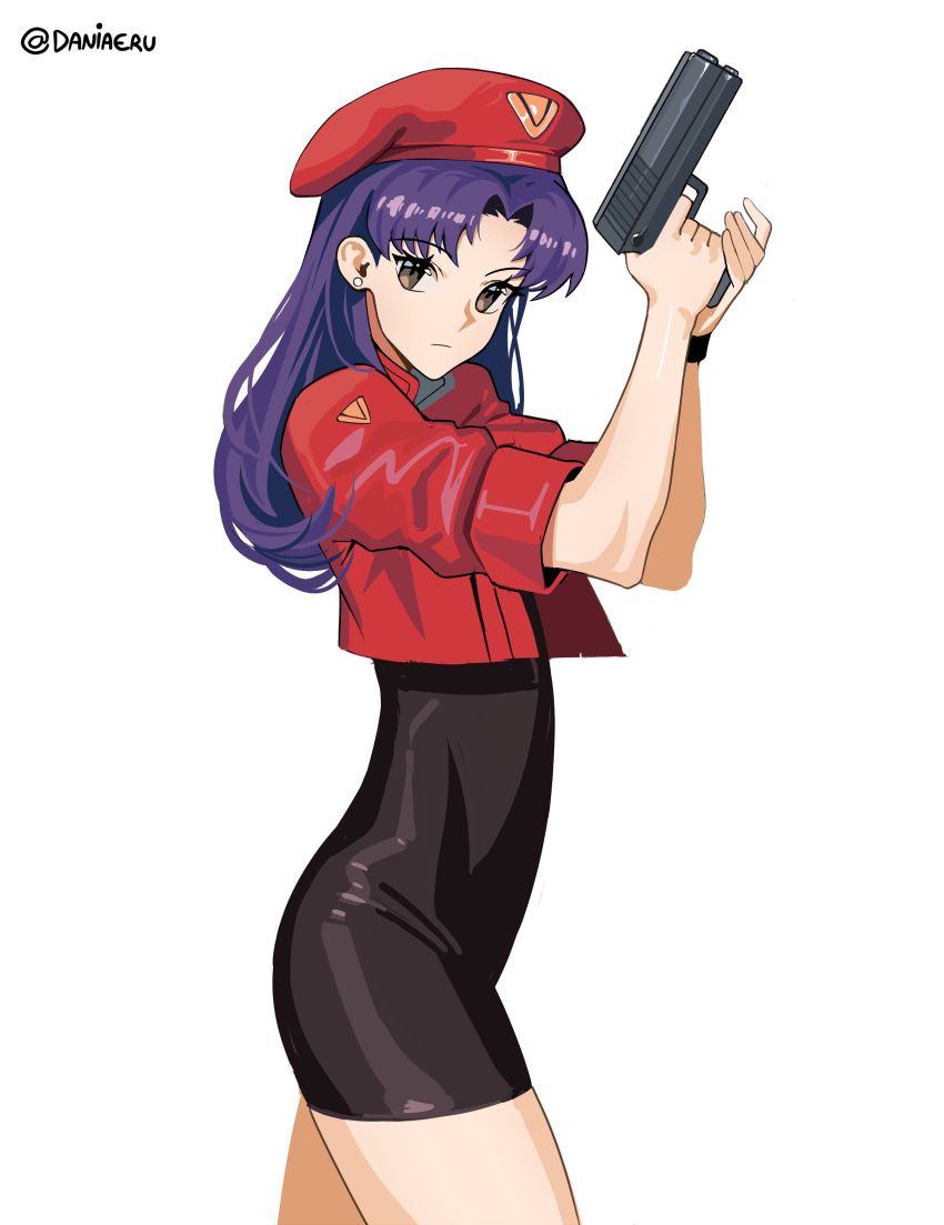 1girl absurdres artist_name beret black_dress black_eyes cropped_jacket daniaeru dress earrings from_side gun hair_behind_ear handgun hat head_tilt highres holding holding_gun holding_weapon jacket jewelry katsuragi_misato neon_genesis_evangelion pistol purple_hair red_headwear red_jacket solo weapon white_background