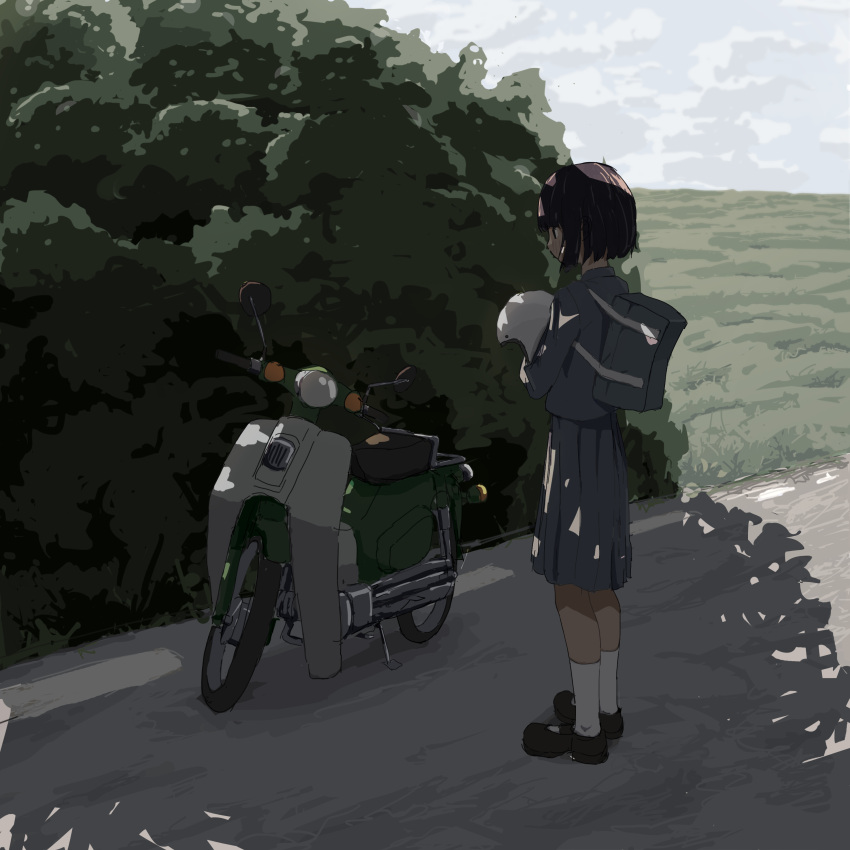 1girl absurdres bag bangs black_footwear black_hair blazer blunt_bangs blunt_ends bob_cut clouds cloudy_sky commentary_request day field from_side full_body grass grey_bag grey_jacket grey_skirt ground_vehicle helmet highres holding holding_helmet honda honda_super_cub jacket koguma_(super_cub) loafers long_sleeves looking_to_the_side miniskirt moped motor_vehicle motorcycle pleated_skirt ririsu road scenery school_bag scooter shade shadow shoes short_hair shoulder_bag sketch skirt sky socks solo super_cub white_legwear